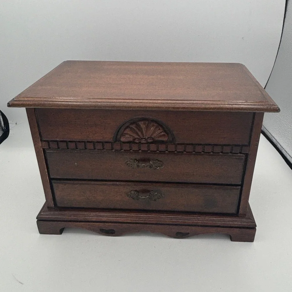 Vintage Jewelry Box Dark Wood Brown Wooden Carved Chest Organizer 3 Tier Velvet